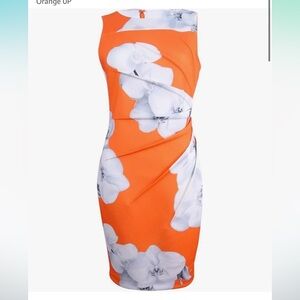 Calvin Klein Scuba Business Dress Orange Bright White Flowers Petite Dress 0P